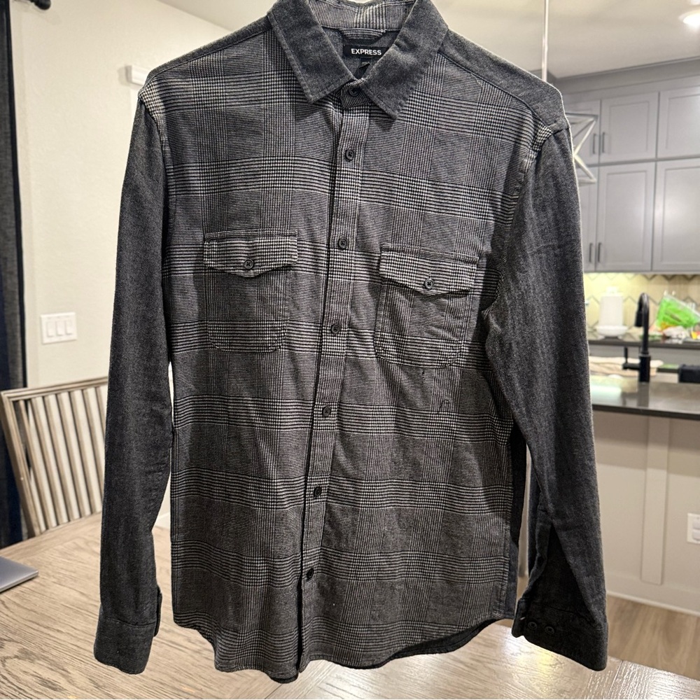 Express Men's Charcoal Plaid Button-Up Shirt